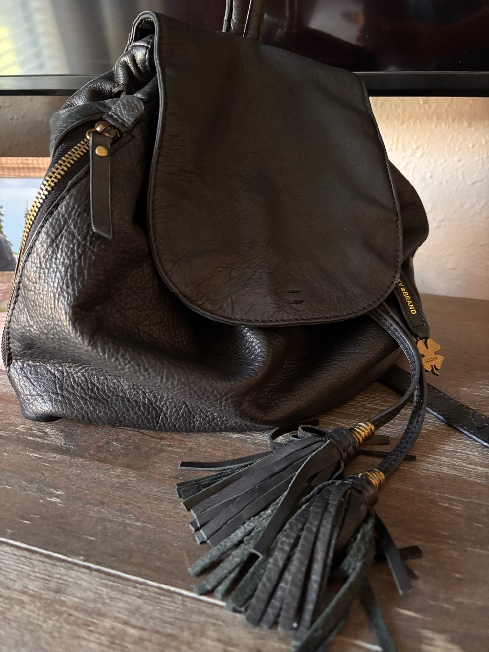 Vintage Super Soft Black Leather Lucky Brand Women’s Backpack with Tassel Accent